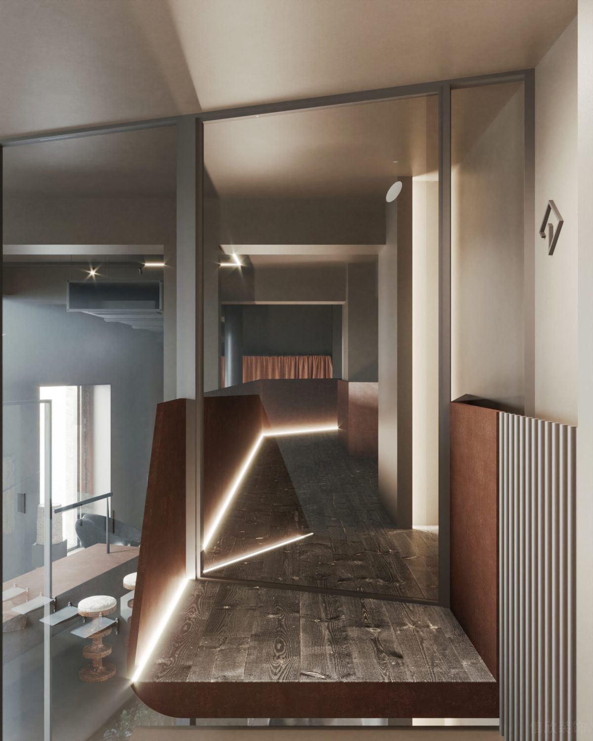 木飾面裝修直線式內(nèi)嵌燈帶效果金屬過道墻柱設(shè)計裝修鏤空墻體效果