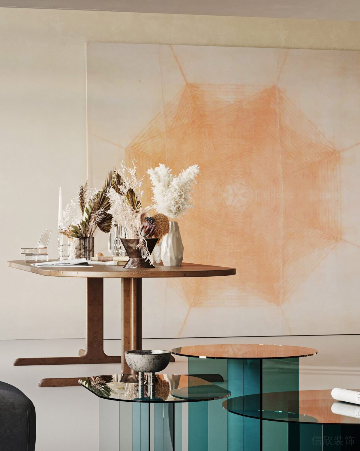 木質(zhì)北歐風(fēng)工作桌洽談區(qū)設(shè)計(jì)效果玻璃圓桌辦公室設(shè)計(jì)