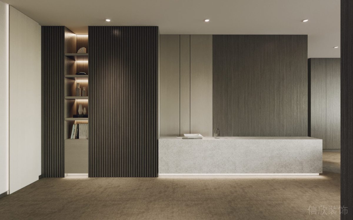 內(nèi)嵌式燈帶收納書柜效果腳燈直線式大理石長(zhǎng)桌前臺(tái)區(qū)裝修圖