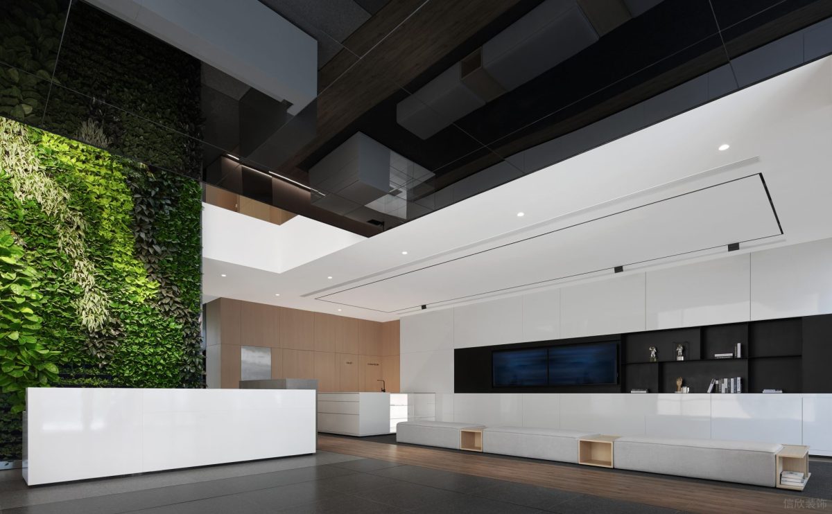 內(nèi)嵌式綠植墻壁設(shè)計(jì)鏡面天花板裝修辦公室半開放式前臺(tái)設(shè)計(jì)
