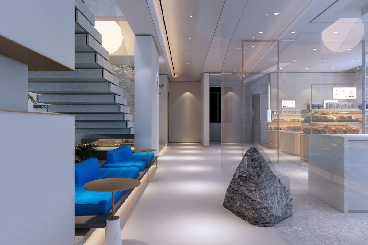 奇石設計玻璃隔斷走廊辦公室裝修座椅休息區