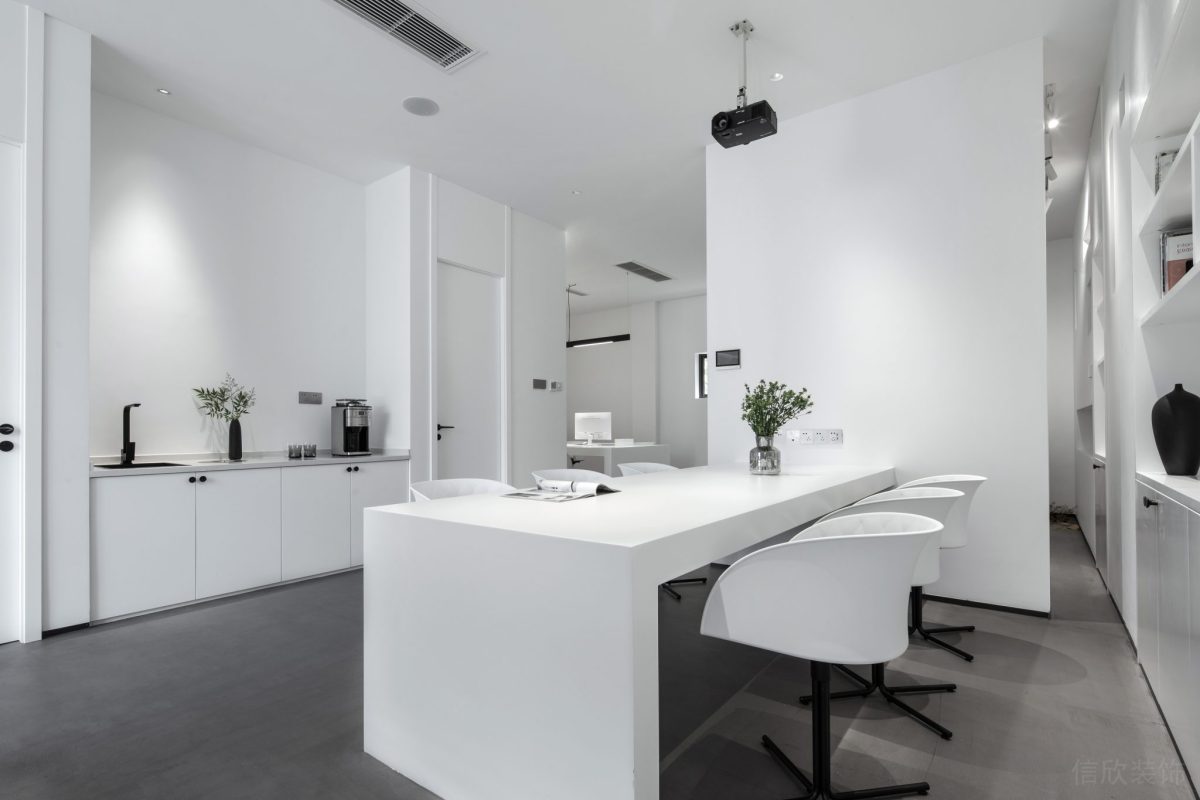 洽談區(qū)茶水間極簡(jiǎn)風(fēng)辦公室白色設(shè)計(jì)半墻儲(chǔ)物柜效果