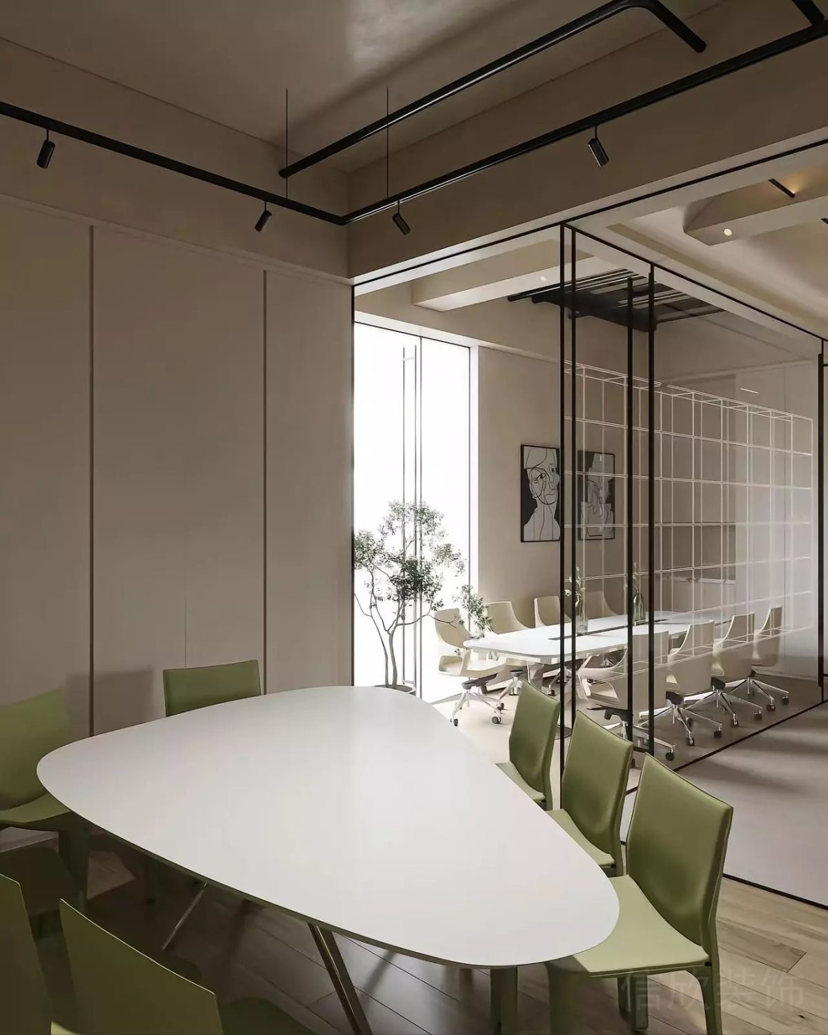 三角形圓角設計綠色皮革沙發(fā)裝修效果會議室裝修圖辦公室