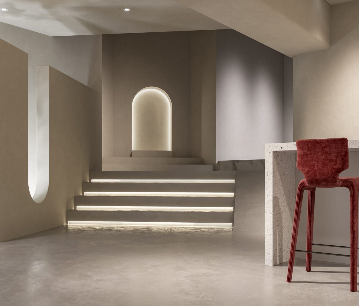 水磨石絨面燈芯絨紅色高腳椅樓梯過(guò)道辦公室裝修拱形led燈飾設(shè)計(jì)圖