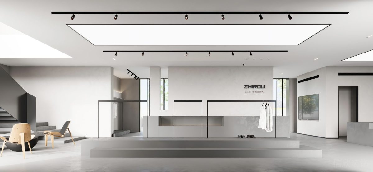 時(shí)尚工作室裝修設(shè)計(jì)大廳過道衣桿懸掛區(qū)域裝修階梯地板裝修射燈黑色天花效果圖