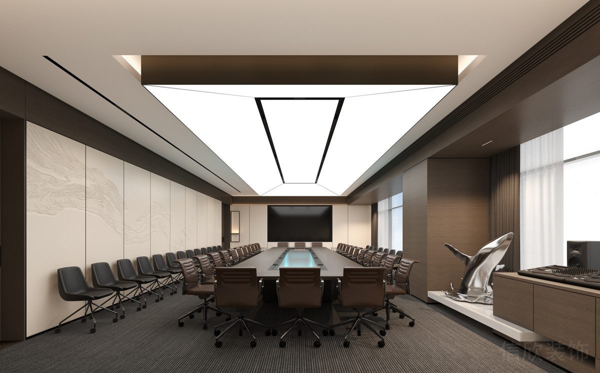 天花燈飾設計led燈飾效果裝修會議室深色木飾長桌環(huán)形效果辦公室暗紋墻體中式風