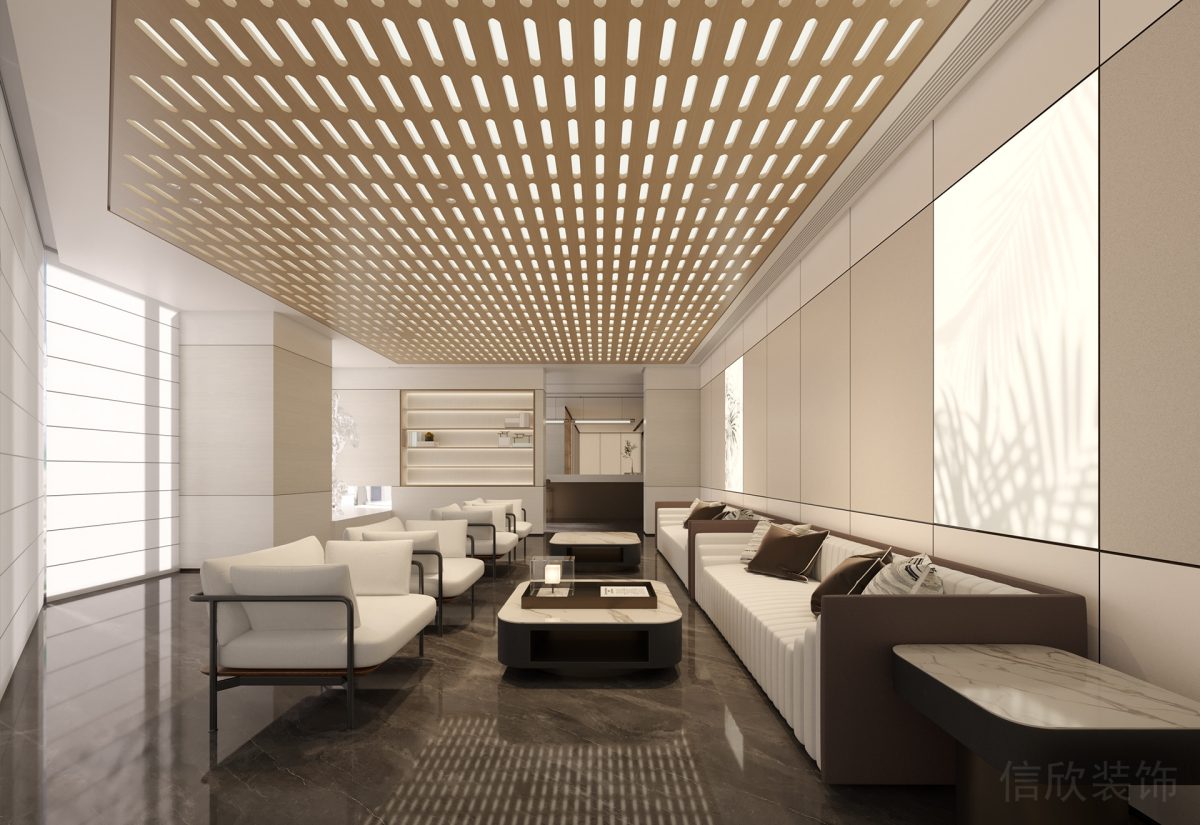 天花鏤空設計木質(zhì)效果裝修直線式白色沙發(fā)效果裝修木質(zhì)座椅瓷磚地板辦公室