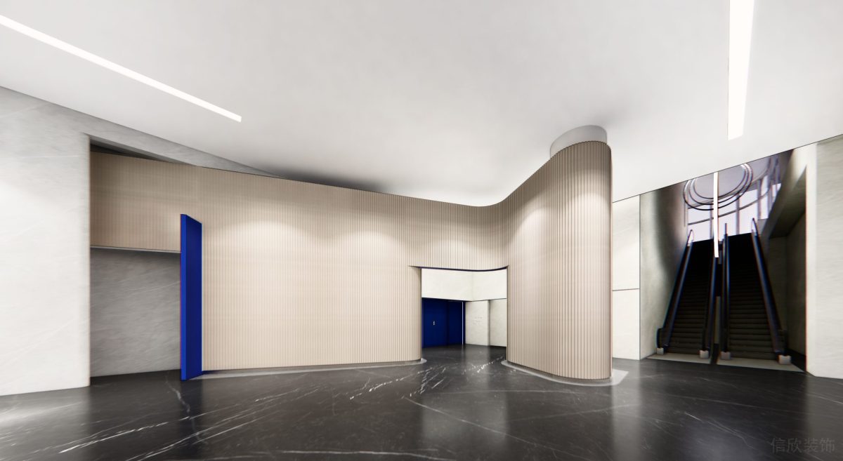 條紋木飾面墻體隔斷辦公室大廳暗色系瓷磚地板現(xiàn)代簡(jiǎn)約風(fēng)裝修設(shè)計(jì)