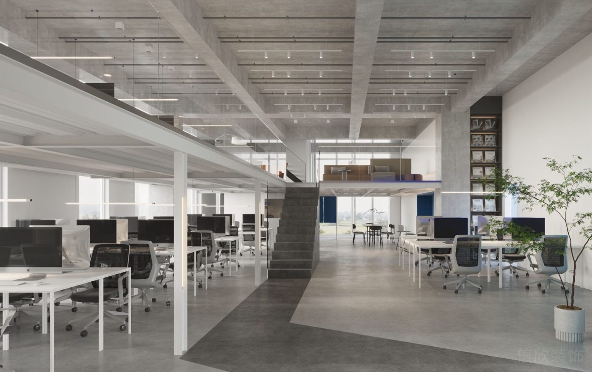 現(xiàn)代簡約風(fēng)白色效果階梯多人研發(fā)工位裝修設(shè)計(jì)射燈效果圖