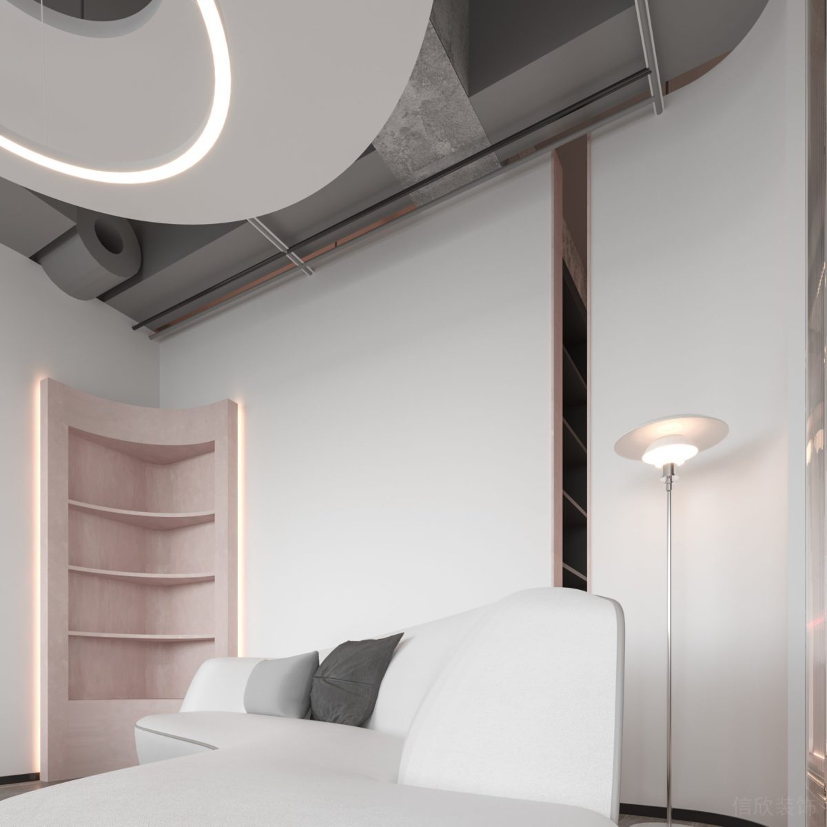 懸吊式環形天花板設計白色弧形紡織沙發裝修辦公室員工休息區裝修圖