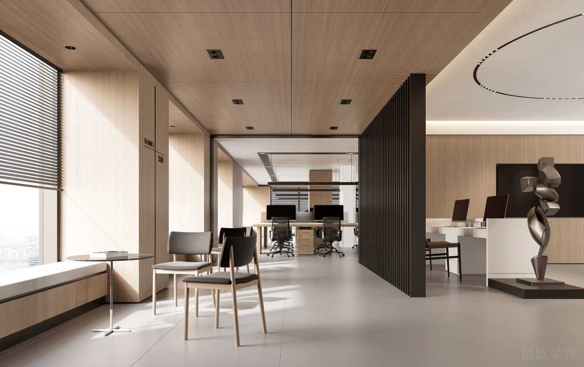 現(xiàn)代商務(wù)風(fēng)辦公室裝修設(shè)計(jì)過道洽談區(qū)簡(jiǎn)約風(fēng)飄窗設(shè)計(jì)木質(zhì)效果