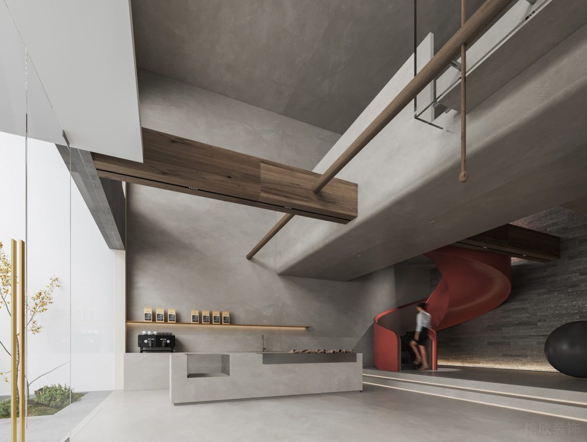 新中式榫卯結(jié)構(gòu)效果房梁大廳咖啡廳茶水間一樓階梯過道效果辦公室