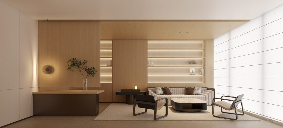 原木風內(nèi)嵌式墻柜效果會議室裝修效果自然日系效果條紋白色沙發(fā)