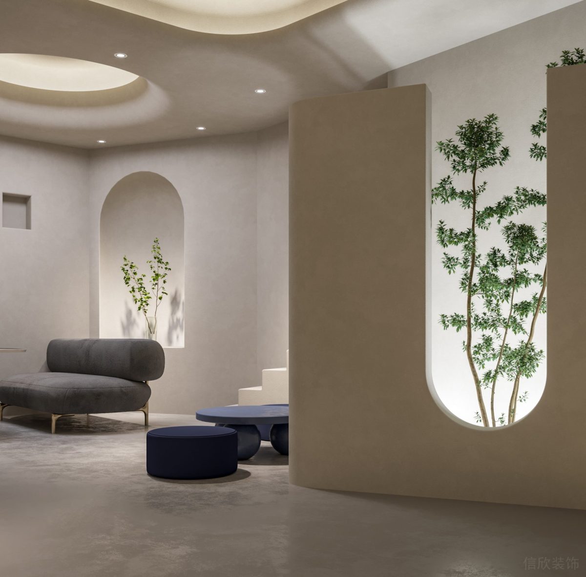 藝術(shù)創(chuàng)意弧形線條裝修設(shè)計(jì)效果圖灰色調(diào)極簡(jiǎn)風(fēng)墻體設(shè)計(jì)