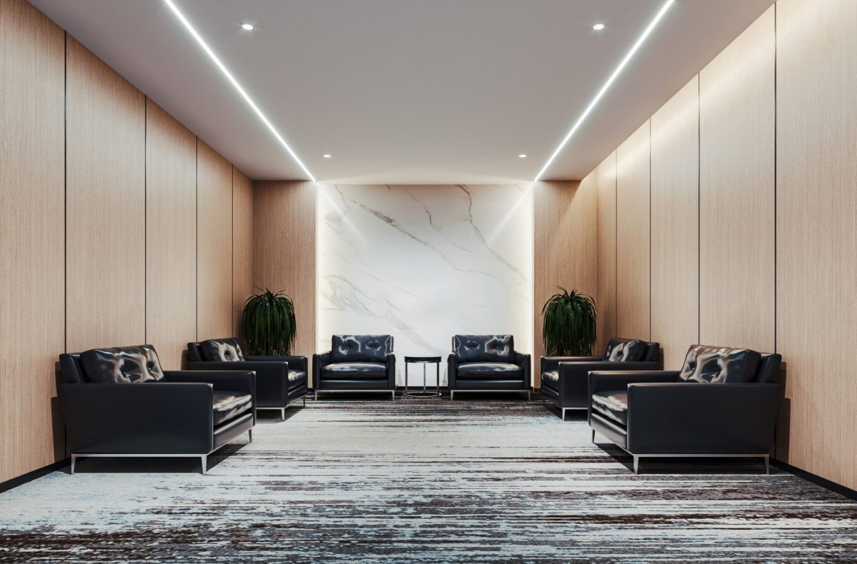 豬皮黑色座椅獨(dú)立沙發(fā)辦公室裝修煥新效果木質(zhì)墻體