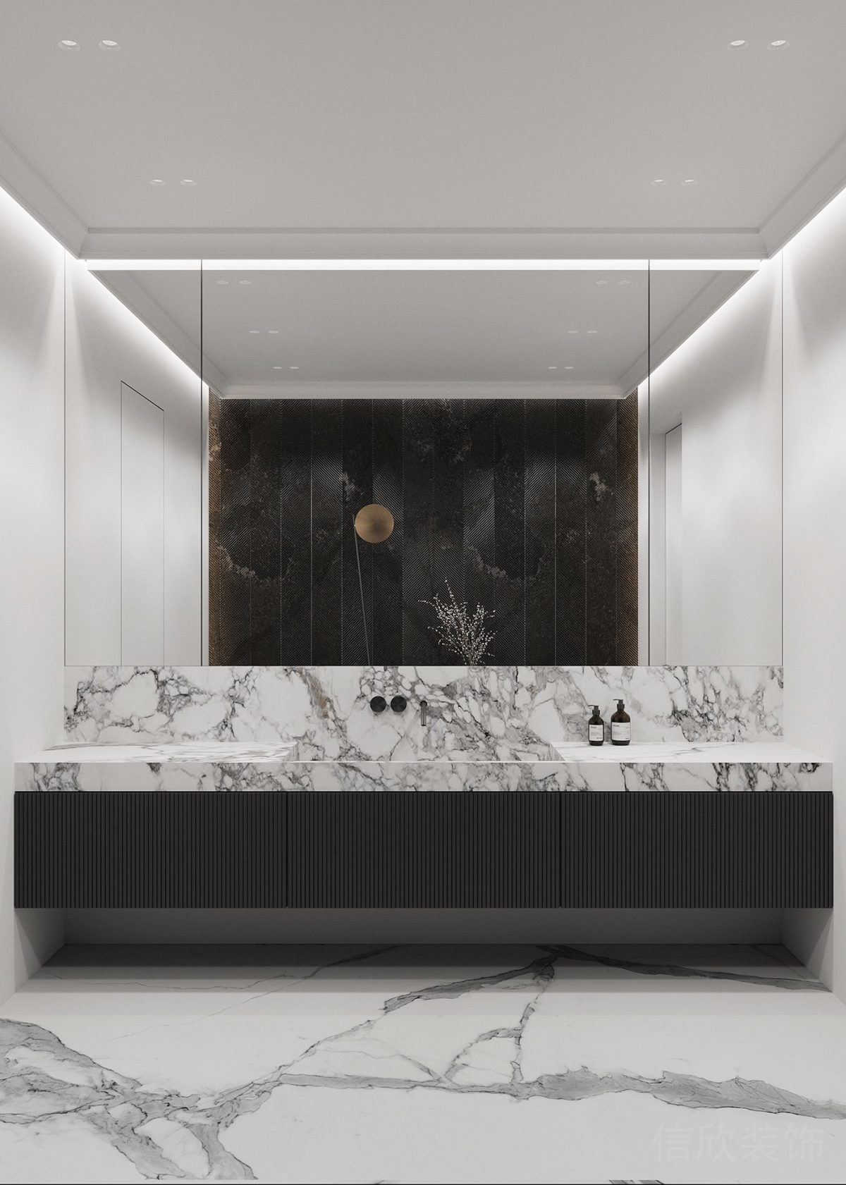 黑白色調現代簡約風辦公室裝修鏡面直線洗手池設計鏤空儲物柜裝修