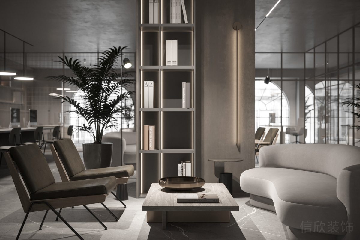 現(xiàn)代簡約風(fēng)灰色調(diào)商務(wù)休息區(qū)深圳工作室裝修木質(zhì)茶幾休息區(qū)設(shè)計(jì)