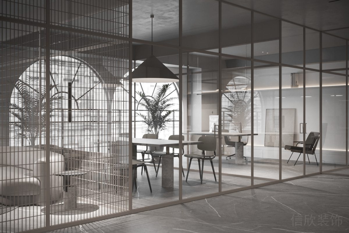竹編鏤空隔斷設(shè)計(jì)辦公室隔斷分區(qū)設(shè)計(jì)效果灰色調(diào)裝修