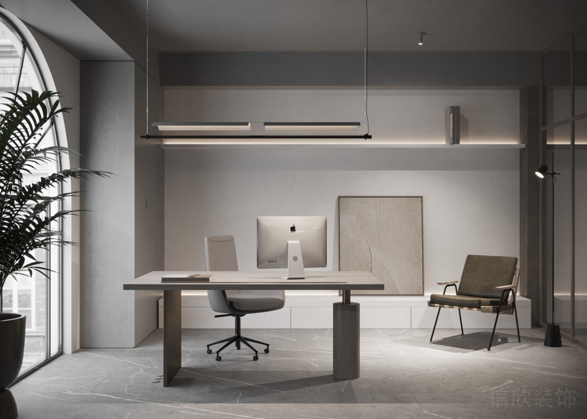 總裁辦公室裝修設(shè)計(jì)木質(zhì)工作桌效果天花燈帶裝修圖拱形玻璃門窗設(shè)計(jì)