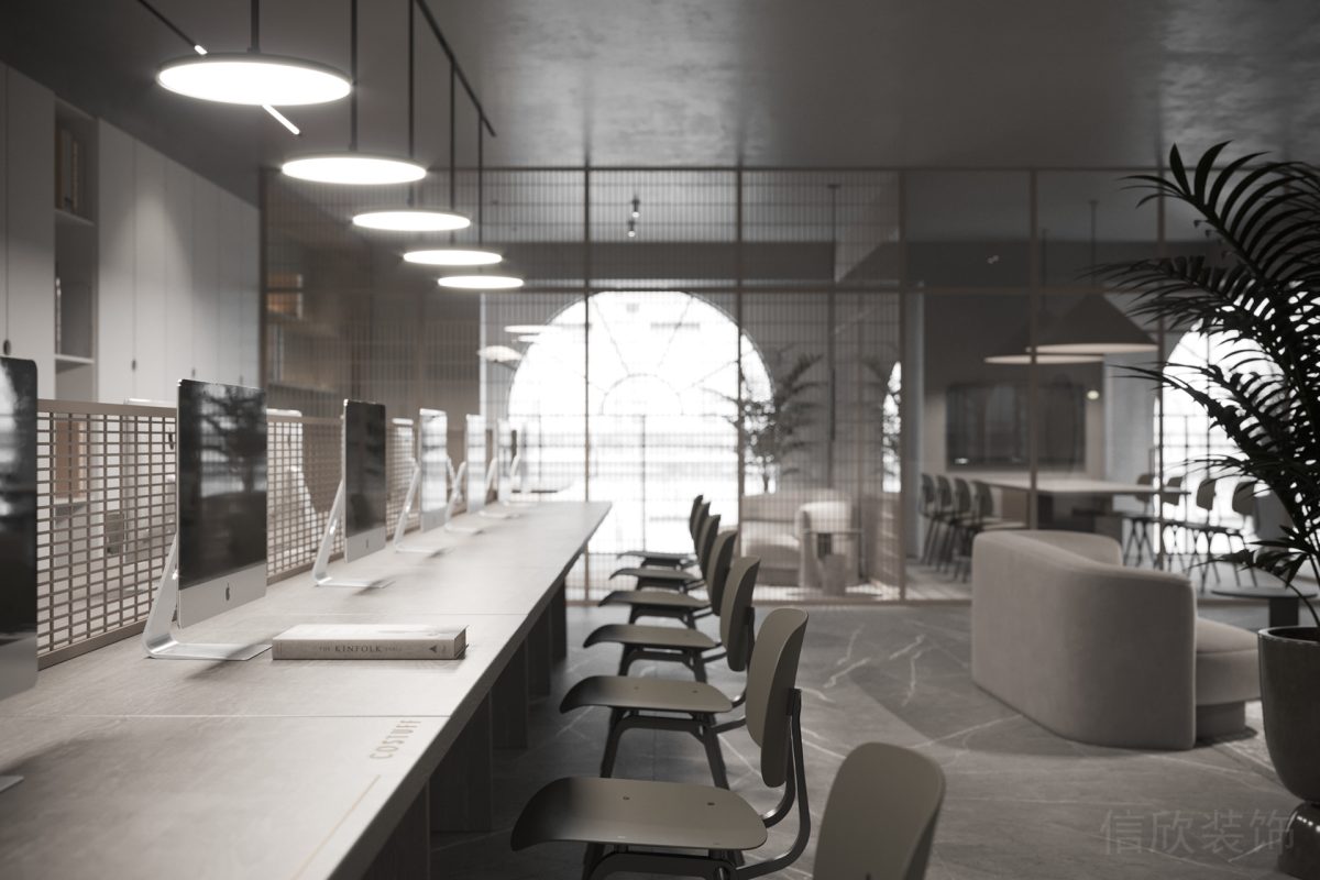 直線式長桌設(shè)計(jì)效果多人工位員工研發(fā)區(qū)域深圳辦公室設(shè)計(jì)鏤空竹編墻體隔斷