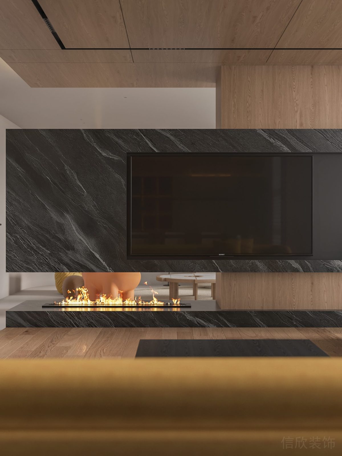 原木風辦公室裝修效果火焰加濕器辦公室內嵌式顯示屏電視設計洽談區意大利高端肌理大理石效果