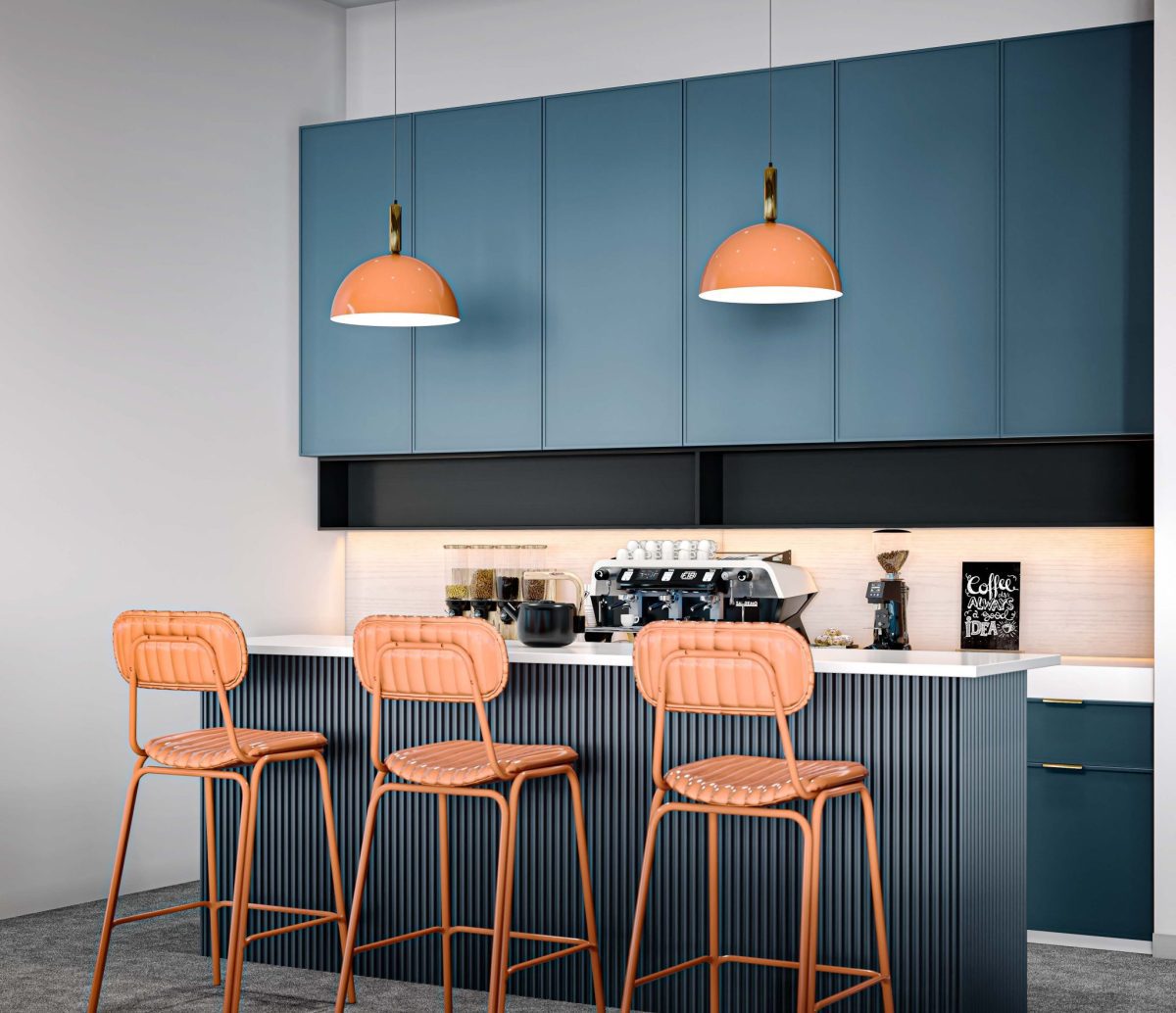 辦公室茶水區裝修藍色吧臺柜