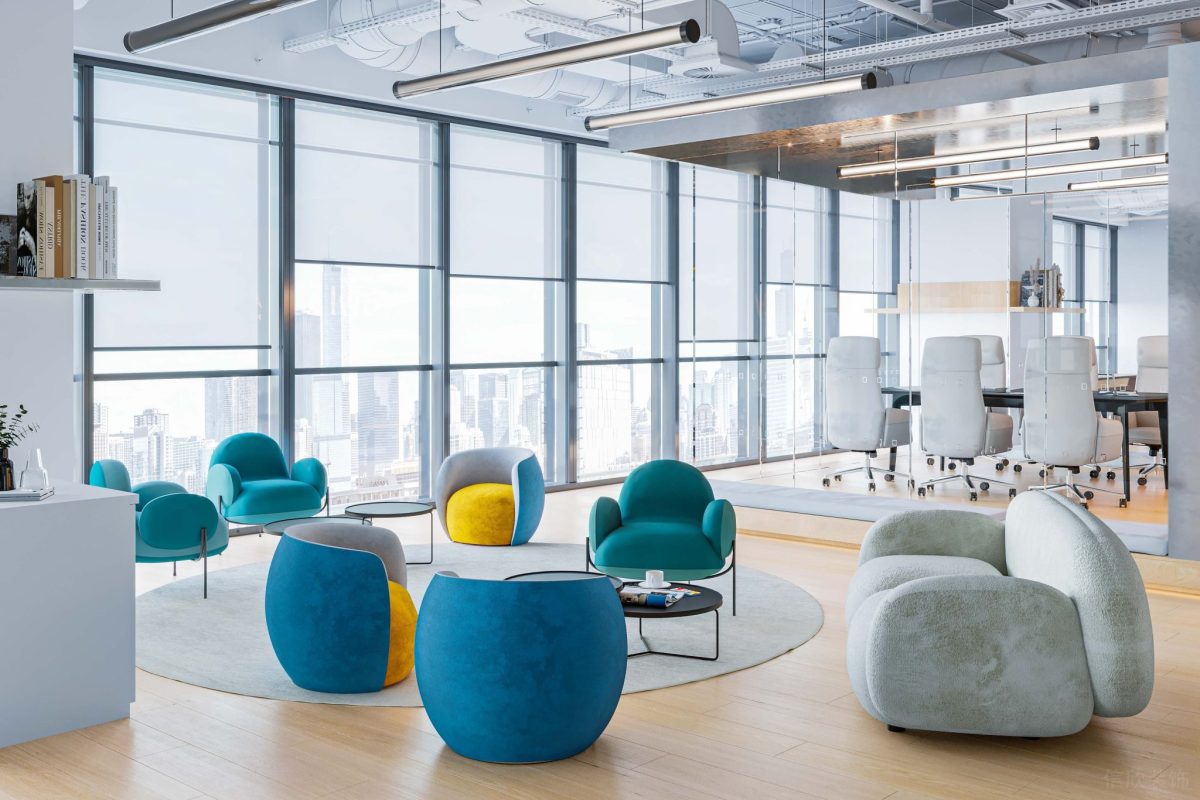 休息洽談區藍色的單人布藝沙發